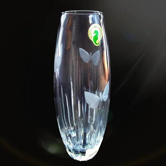 Waterford Crystal Butterfly Bud Vase Etched Signed 8in Original Sticker Slovenia - Picture 3 of 11